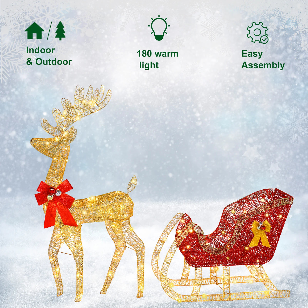 4ft Pre-Lit Golden Elk & Sleigh Christmas Decoration, Light Up Reindeer Sled with 210 LED Lights, Outdoor Garden Yard Festive Ornament, Mains Powered UK Plug, 120cm