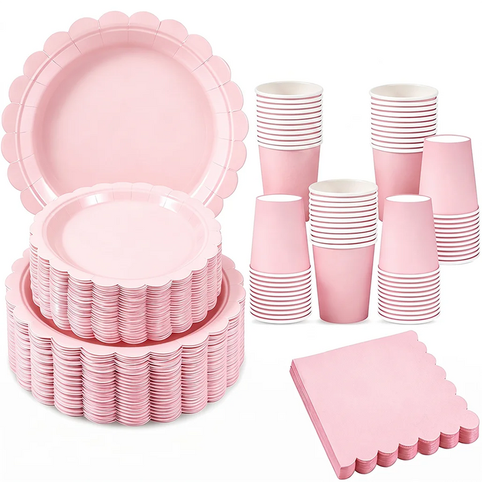 Elegant Pink Scalloped Edge Paper Plates Cups Napkins Solid Color Disposable Tableware For Christmas, Baby Shower Birthday Party Decor