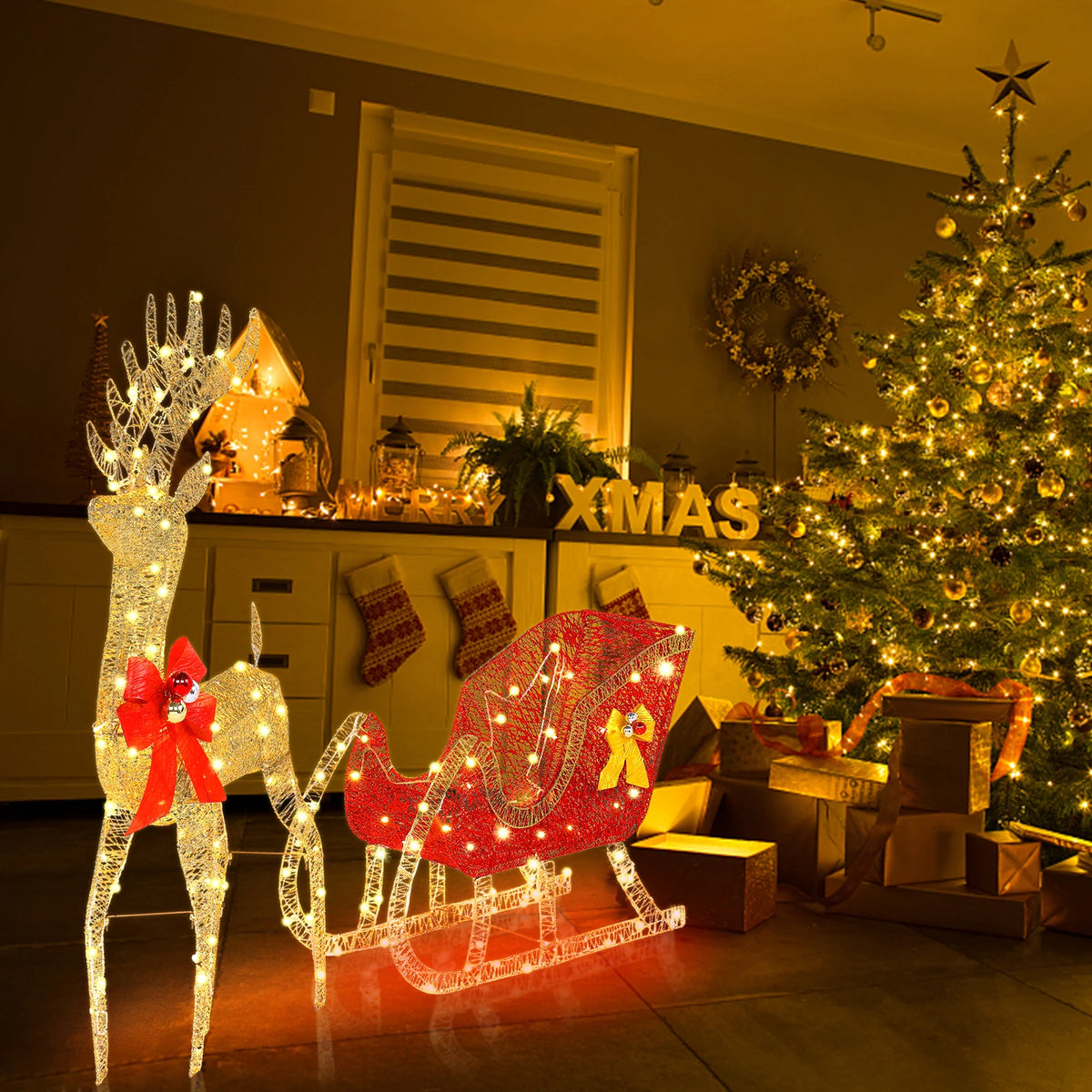 4ft Pre-Lit Golden Elk & Sleigh Christmas Decoration, Light Up Reindeer Sled with 210 LED Lights, Outdoor Garden Yard Festive Ornament, Mains Powered UK Plug, 120cm