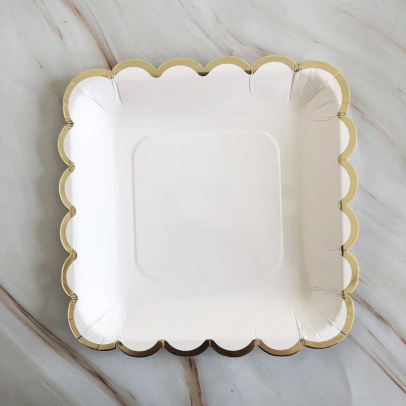 Deluxe White Disposable Tableware Set Party Gold Paper Plates for Weddings; Birthday Party; Baby Shower ; Party Supplies