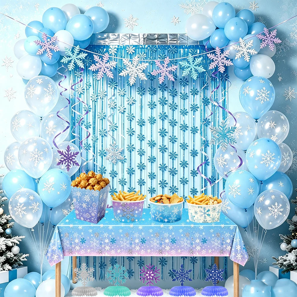 Christmas Party Decor Snowflake Fringe Curtains Snowflake Hanging Swirls Balloons Princess Theme Winter Birthday Party Decor