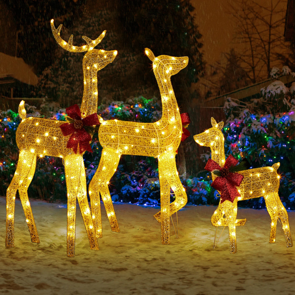 3-Piece Lighted Christmas Reindeer Family Set Outdoor Decorations, Weather Proof 2D Deer Family Set of 3 Christmas Ornament Home Decor Pre-lit 200 LED Warm White Lights with Stakes, Colour: Golden