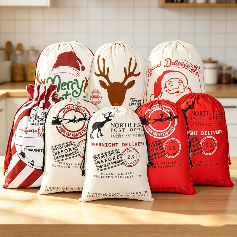 Large Christmas Santa Sack Canvas Drawstring Gift Bag Rudolph Reindeer Print Storage Pouch for Xmas Party Favors