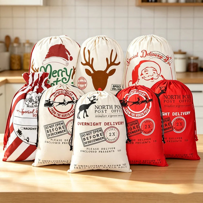 Large Christmas Santa Sack Canvas Drawstring Gift Bag Rudolph Reindeer Print Storage Pouch for Xmas Party Favors