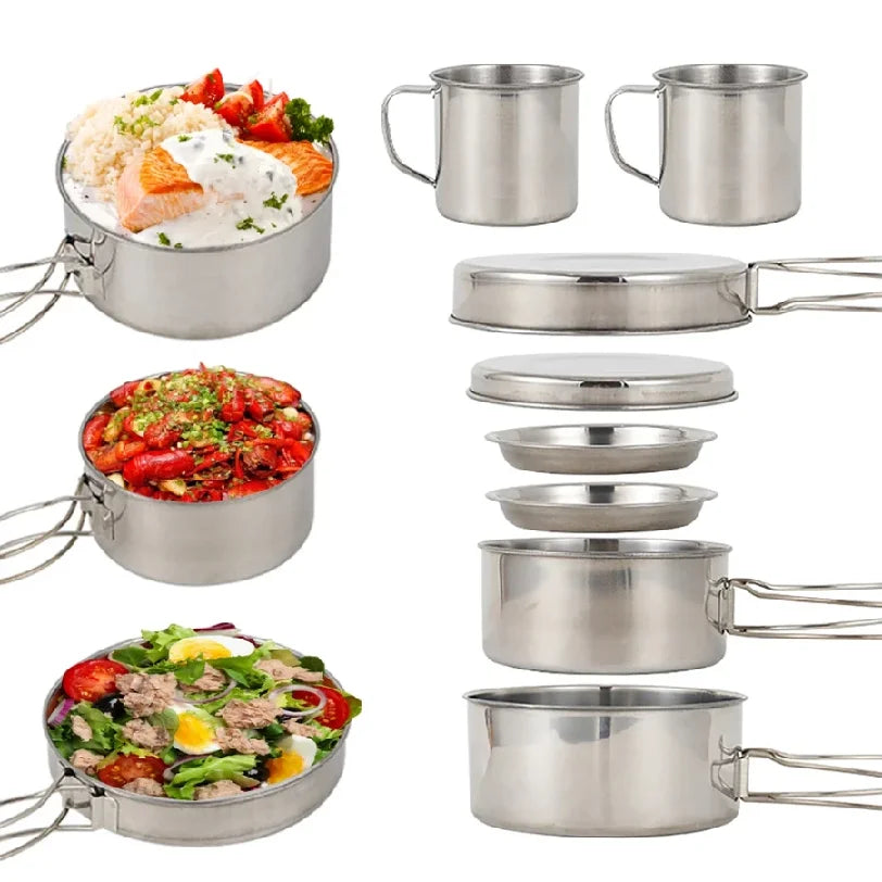 8piece Set of Camping Plates and Cookware Set, Stainless Steel Cooking Pot and Pan Set with Plates Cups for Outdoor Hiking Backpacking Unbreakable Camping Cutlery Set with Mug, Spoon, Fork and Storage Bag