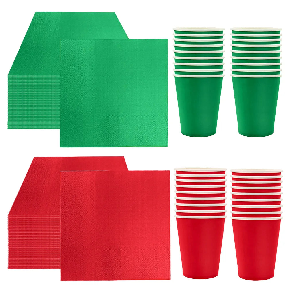 20, 40, 60, 80, 100Pcs Green and Red Paper Cups Napkin Disposable Tableware Party Napkin Drink Cups Birthday Christmas Holiday Party Supplies