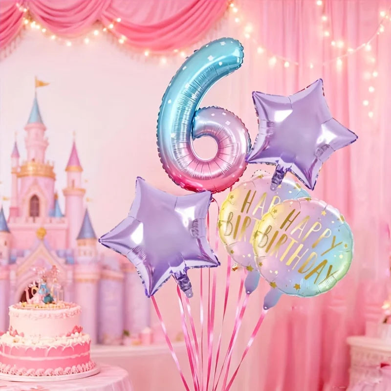 Pink Birthday Party Balloon Set includes 40inch Numbers 1 to 6 years old and Light Purple Star-Shaped Foil Balloons, Suitable for Birthday, Wedding, and Other Party Decorations and Celebration Photo Props