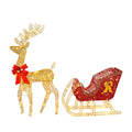 4ft Pre-Lit Golden Elk & Sleigh Christmas Decoration, Light Up Reindeer Sled with 210 LED Lights, Outdoor Garden Yard Festive Ornament, Mains Powered UK Plug, 120cm