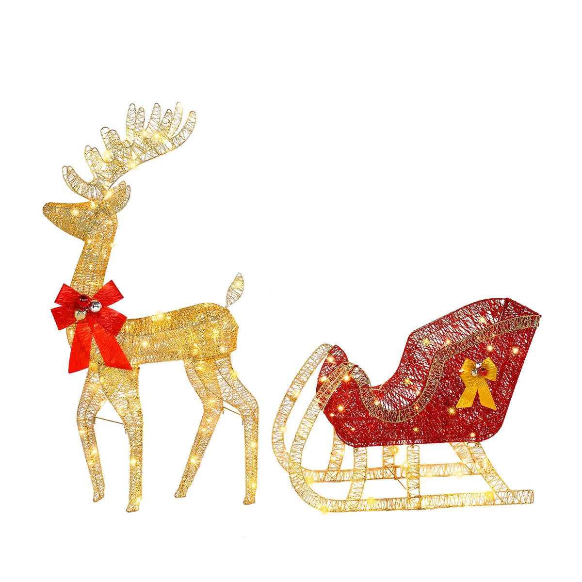 4ft Pre-Lit Golden Elk & Sleigh Christmas Decoration, Light Up Reindeer Sled with 210 LED Lights, Outdoor Garden Yard Festive Ornament, Mains Powered UK Plug, 120cm