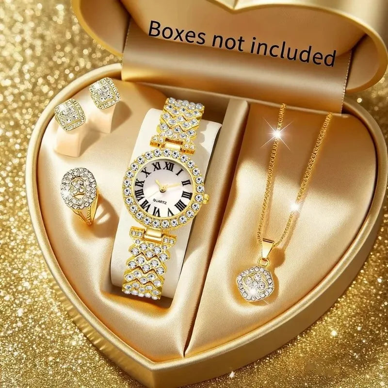 5PCS Elegant Rhinestone Women Quartz Watch Jewelry Set Fashion Ladies Bracelet Strap Wristwatches Reloj Mujer（Without Box） - Gifts