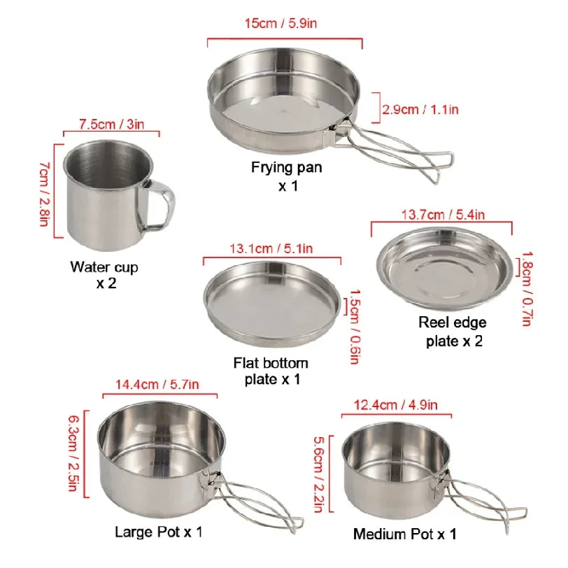 8piece Set of Camping Plates and Cookware Set, Stainless Steel Cooking Pot and Pan Set with Plates Cups for Outdoor Hiking Backpacking Unbreakable Camping Cutlery Set with Mug, Spoon, Fork and Storage Bag
