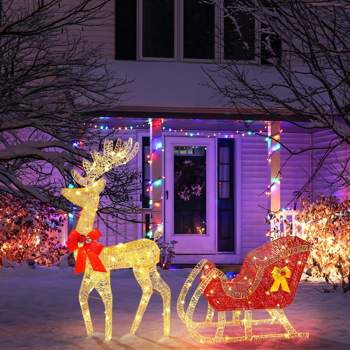 4ft Pre-Lit Golden Elk & Sleigh Christmas Decoration, Light Up Reindeer Sled with 210 LED Lights, Outdoor Garden Yard Festive Ornament, Mains Powered UK Plug, 120cm