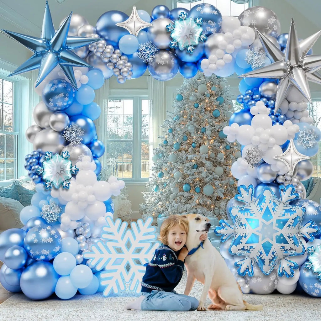 Blue White Sliver Frozen Balloon Arch Garland Kit for Girl Winter Wonderland Princess Snowflake Birthday Party Decorations