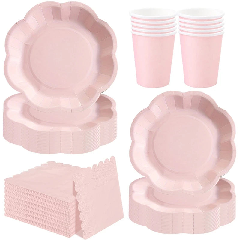 Deluxe Party Decoration Paper Plates Cups and Serviettes Birthday Wedding Party Supplies Christmas Party  - Flower Shape |  White  Pink Baby Blue Lilac