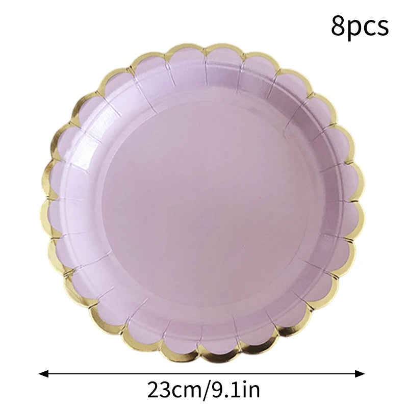 Deluxe Party Decoration Paper Plates Cups and Serviettes Birthday Wedding Party Supplies Christmas Party  - Flower Shape |  White  Pink Baby Blue Lilac