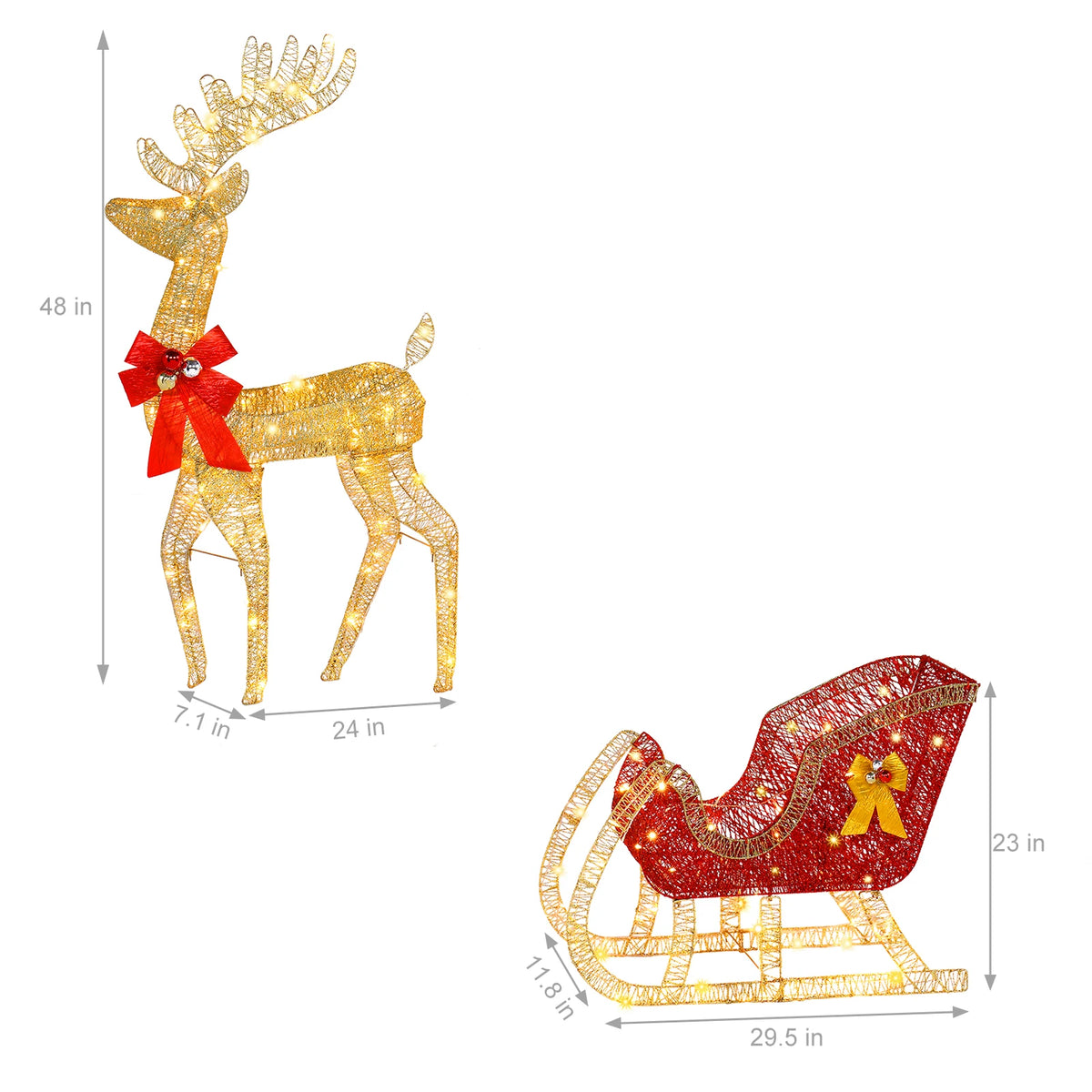 4ft Pre-Lit Golden Elk & Sleigh Christmas Decoration, Light Up Reindeer Sled with 210 LED Lights, Outdoor Garden Yard Festive Ornament, Mains Powered UK Plug, 120cm