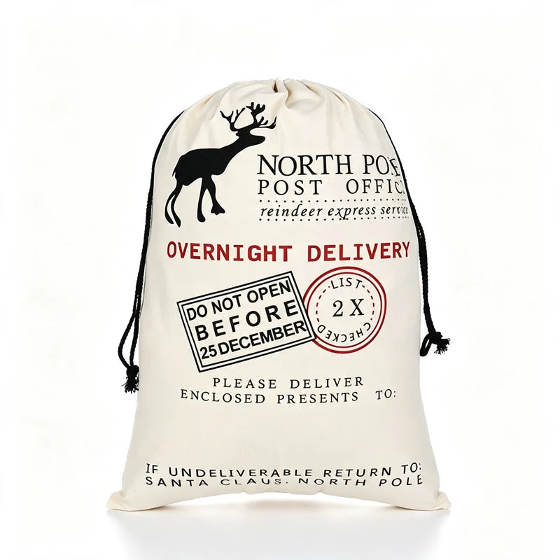 Large Christmas Santa Sack Canvas Drawstring Gift Bag Rudolph Reindeer Print Storage Pouch for Xmas Party Favors