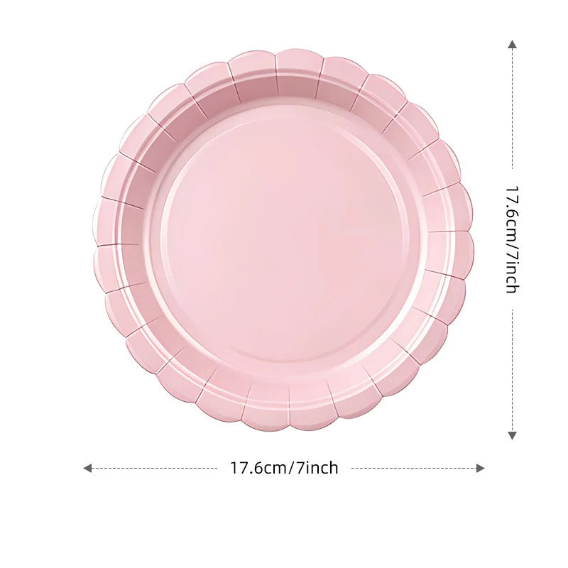 Elegant Pink Scalloped Edge Paper Plates Cups Napkins Solid Color Disposable Tableware For Christmas, Baby Shower Birthday Party Decor