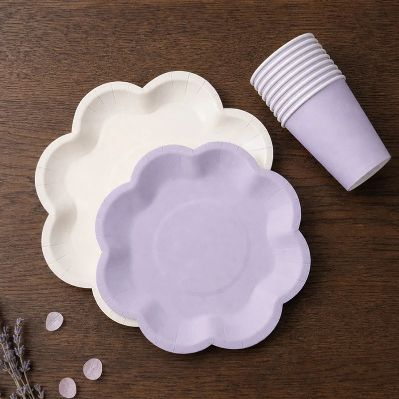 Deluxe Party Decoration Paper Plates Cups and Serviettes Birthday Wedding Party Supplies Christmas Party  - Flower Shape |  White  Pink Baby Blue Lilac