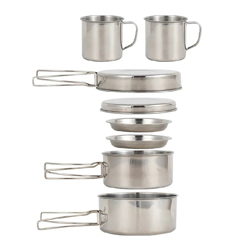 8piece Set of Camping Plates and Cookware Set, Stainless Steel Cooking Pot and Pan Set with Plates Cups for Outdoor Hiking Backpacking Unbreakable Camping Cutlery Set with Mug, Spoon, Fork and Storage Bag
