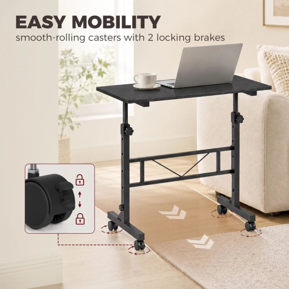 Overbed Table Adjustable Height 70-110cm, Mobile Laptop Side Table with Lockable Wheels, Steel Frame Rolling Bedside Table for Bedroom Living Room Study, 80×40cm Desktop Hold Up to 15kg