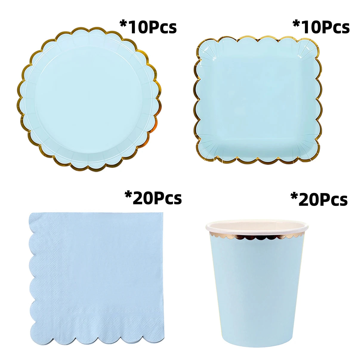 Deluxe Pastel Coloured Scalloped Edge Gold Foil Paper Plates Cups Napkins Disposable Tableware Set for Birthday Wedding Celebration Party Supplies