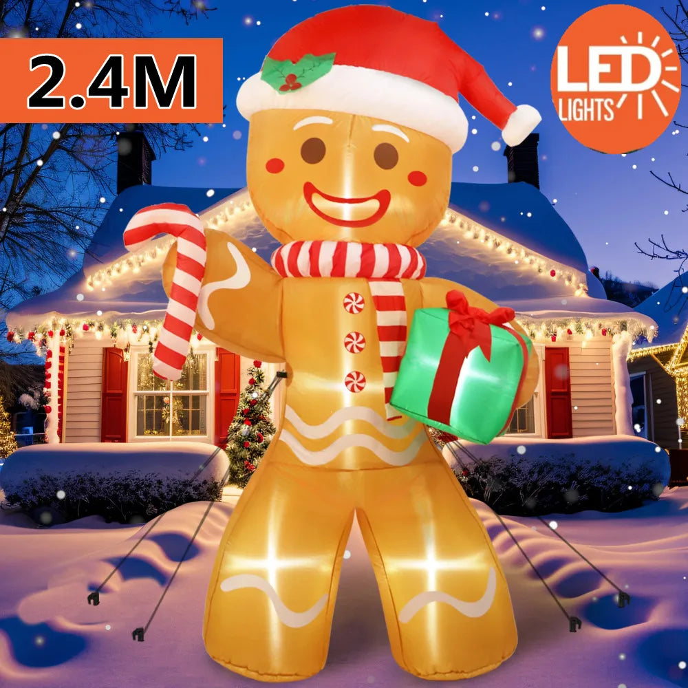 Giant Christmas Inflatables Gingerbread Man with Gift Pack Outdoor Decorations with LED Lights for Lawn 8FT/2.4M