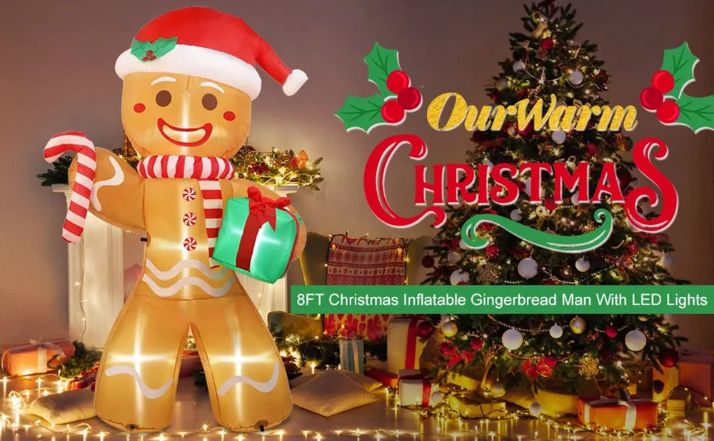 Giant Christmas Inflatables Gingerbread Man with Gift Pack Outdoor Decorations with LED Lights for Lawn 8FT/2.4M