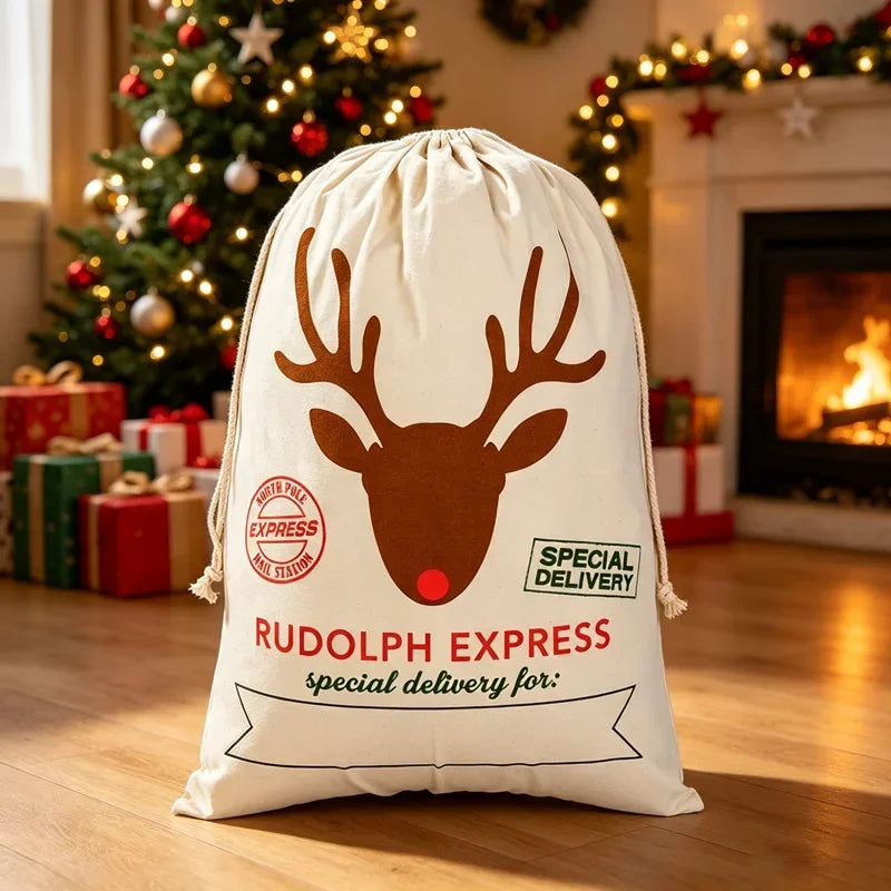 Large Christmas Santa Sack Canvas Drawstring Gift Bag Rudolph Reindeer Print Storage Pouch for Xmas Party Favors