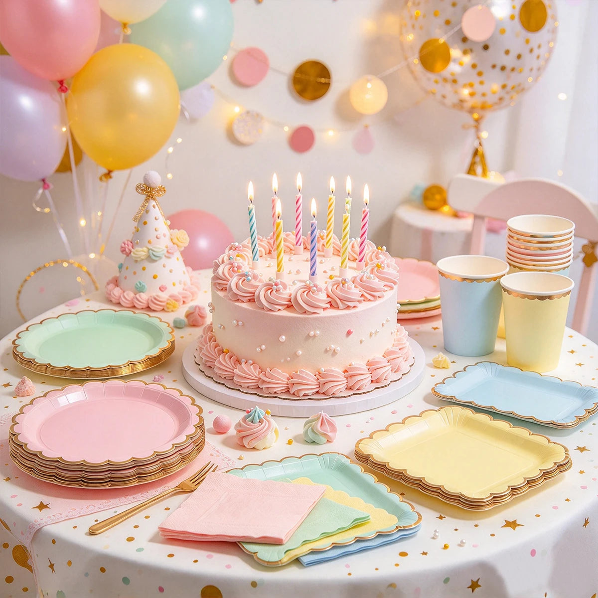 Deluxe Pastel Coloured Scalloped Edge Gold Foil Paper Plates Cups Napkins Disposable Tableware Set for Birthday Wedding Celebration Party Supplies