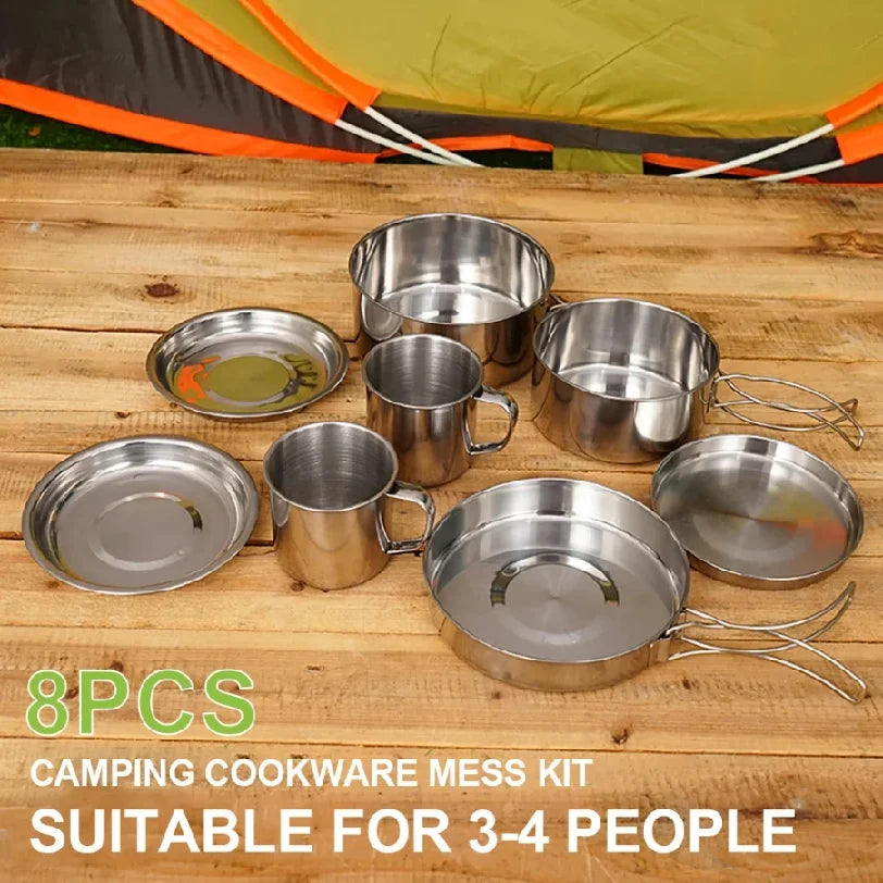 8piece Set of Camping Plates and Cookware Set, Stainless Steel Cooking Pot and Pan Set with Plates Cups for Outdoor Hiking Backpacking Unbreakable Camping Cutlery Set with Mug, Spoon, Fork and Storage Bag