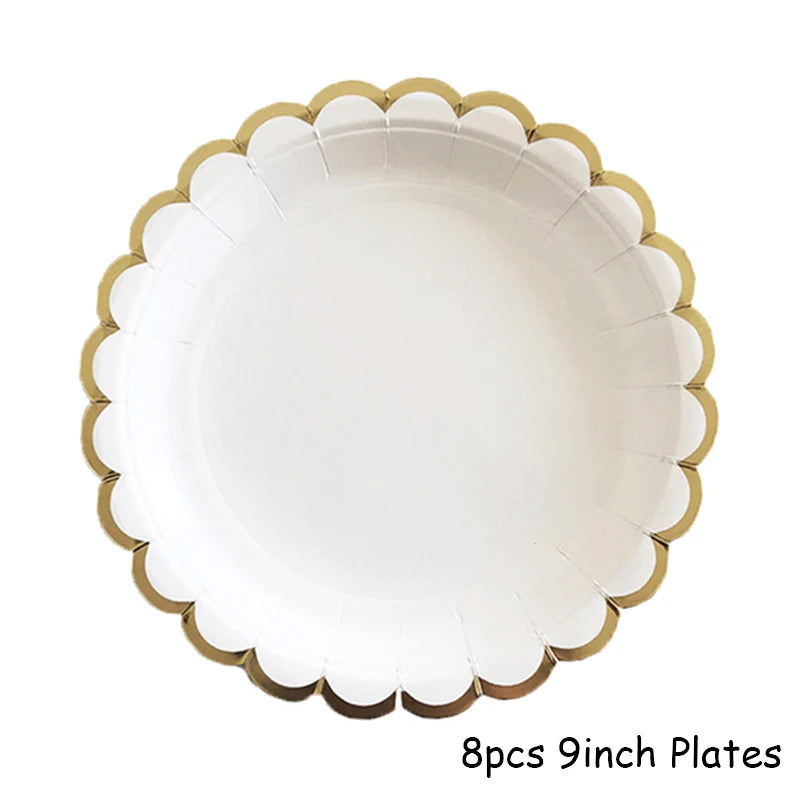 Deluxe White Disposable Tableware Set Party Gold Paper Plates for Weddings; Birthday Party; Baby Shower ; Party Supplies