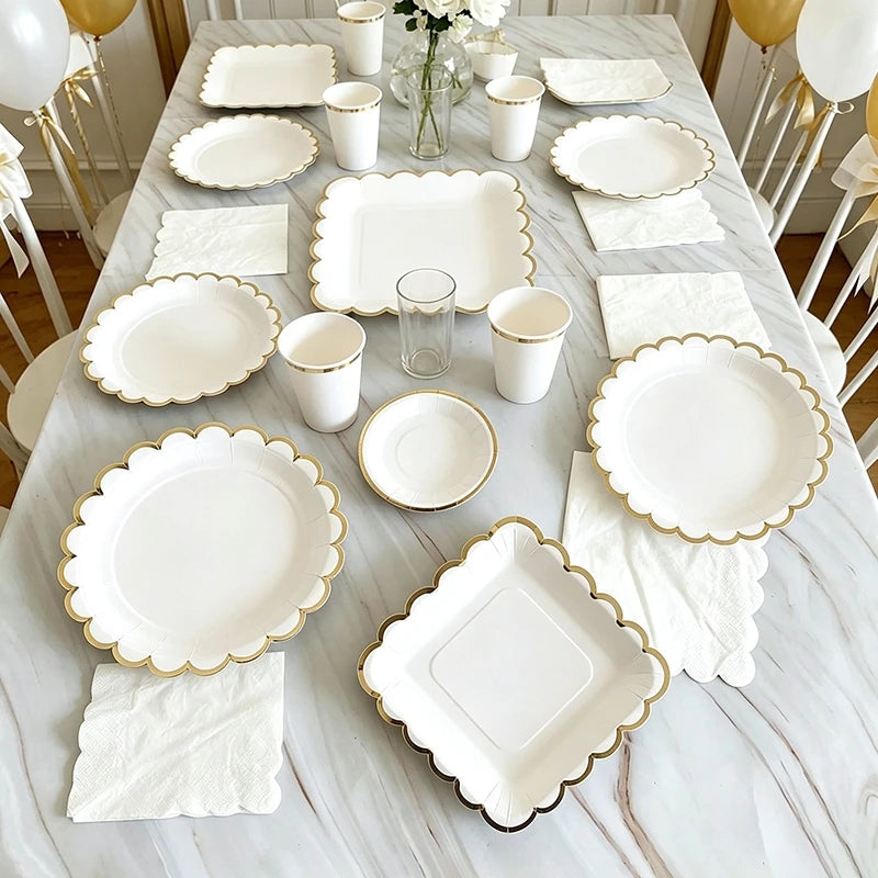 Deluxe Party Decoration Paper Plates Cups and Serviettes Birthday Wedding Party Supplies Christmas Party  - Flower Shape |  White  Pink Baby Blue Lilac