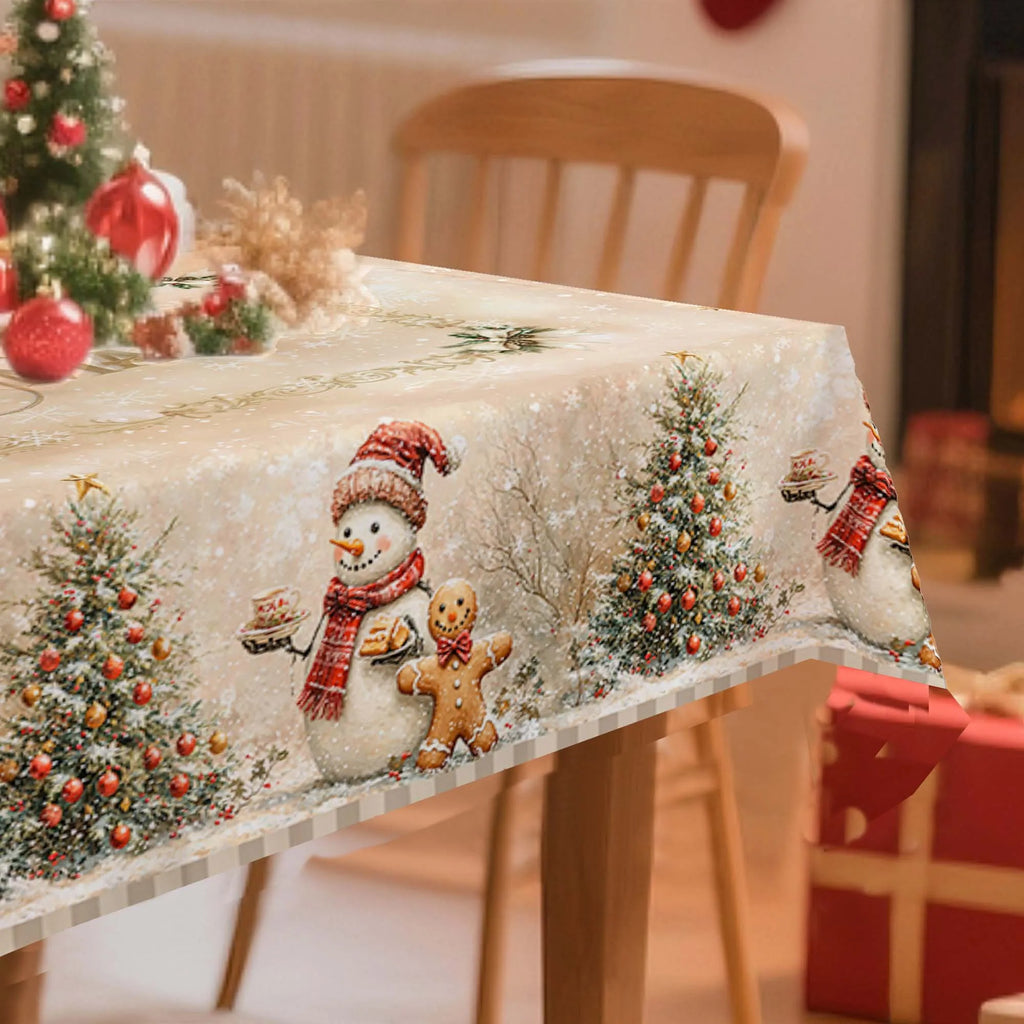 Linen Rustic Christmas Snowman & Gingerbread Man Tablecloth Rectangular Table Cover for Dining Room Kitchen - Various Sizes