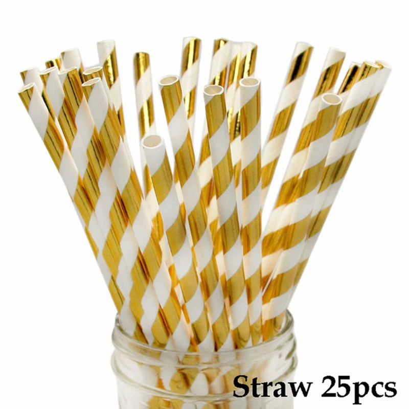 Deluxe White Disposable Tableware Set Party Gold Paper Plates for Weddings; Birthday Party; Baby Shower ; Party Supplies